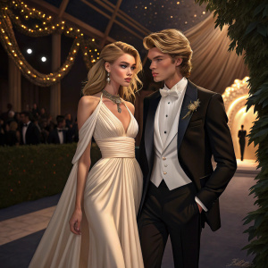 Stella Maxwell and Jordan Barrett at the Met Gala. Wearing a stunning white dress and a black tuxedo. The venue is dimly lit with golden decorations.