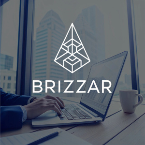 Modern logo design for tech startup Brizzar. The logo features an abstract geometric shape above the brand name in a sleek, sans-serif font.