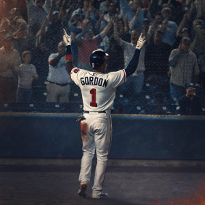Nick Gordon, Minnesota Twins player, celebrating home run. White jersey, 'Gordon' and '1' on back. Boisterous crowd in background. Flashing cameras