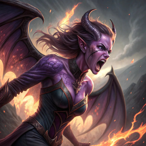 Naeris, a young female character with a demonic appearance, depicted in a digital artwork. She has purplish skin and a dynamic, aggressive pose. The chaotic background features swirling flames.