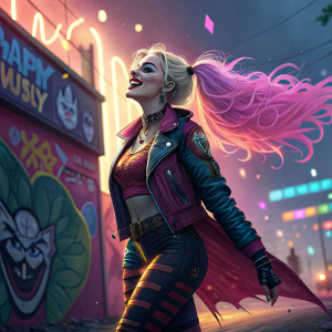 Harley Quinn standing amidst a surreal, colorful cityscape. Voluminous hair, dynamic pose, surrounded by graffiti and neon lights