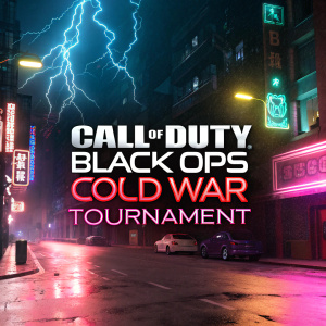 Banner for Call of Duty: Black Ops Cold War tournament. Bright neon lights, energetic atmosphere.