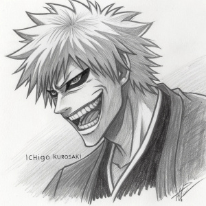 A charcoal drawing of Ichigo Kurosaki's Hollow form from Bleach. Intense expression with sharp teeth. Sketch is highly detailed with intricate lines and shading. Signed by the artist in the bottom right corner.