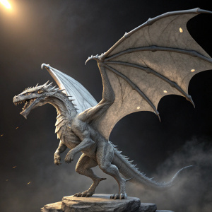 Digital 3D render of the Fafnir dragon sculpture. Dark, dramatic background with studio lights. Detailed gray textured surface. Mythical creature in mid-flight pose.