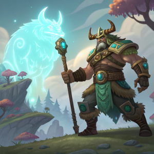 Grohk, the mighty warrior from Paladins, stands beside a mystical glowing creature. Vibrant, digital artwork with fantasy elements.
