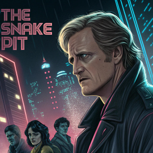 Movie poster for 'The Snake Pit'. Featuring Rutger Hauer's intense stare. Futuristic cityscape with neon lights. Characters in various emotional states. Blend of traditional and digital art styles. Dark colors with neon highlights.