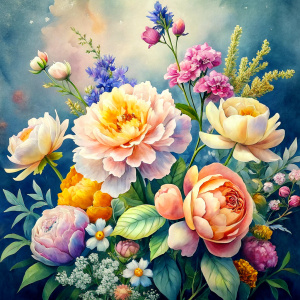 watercolor image ,Pink white Peonies Snowdrops, lobelia, canna,salvia , carnation, Common Crape Myrtle., Ranunculus viburnum, wax flower, dandelion, geranium , watercolor , watercolor , artichoke ,aster,celosl,pansy