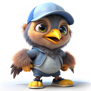 personificacion de aguila bebe, tipo pixar, con traje urbano, zapatos negros, con fondo blanco, con gorra deportiva