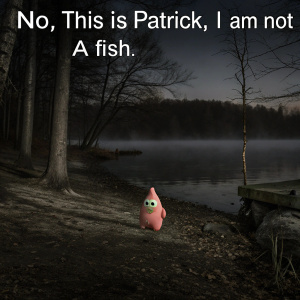 A humorous meme featuring Patrick Star from SpongeBob SquarePants. Patrick is depicted in a startled pose. The background has shifted to a serene lakeside scene. Overlay text reads: 'No, this is Patrick, I am not a fish.'