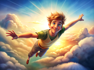 realistic cute slender tanned smiling guy with short hair wearing a jersey and shirt tight shorts is flying in the sky among the clouds with great speed over an old castle, his arms spread wide