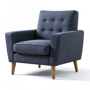 Realistic commercial photo of modern stylish smooth navy armchair on super white background, no shadow, slightly turned to the right side,  20% margin on top, indent 25% from the bottom 