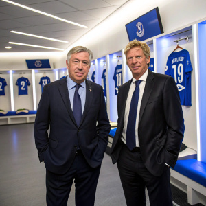 Carlo Ancelotti and Marcel Brands in a locker room setting. They are both dressed in dark suits and ties. The background is filled with jerseys hanging on the walls. The locker room has a modern utilitarian design with blue and club logos prominently displayed.