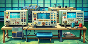 3 oscilloscopes on a work table

