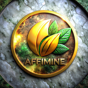AFFIMINE text ,decoration 3d elegant  one elegant bold green leaf logo in round shape in Yellow color, background is white in 32K resolution
