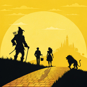 Illustration for 'The Wizard of Oz' movie poster. Characters in dark silhouettes. Bright yellow background.