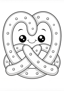 Coloring page, cute cartoon pretzel with salt, white background, black line art, no shading, no shadow, no color, no gray,