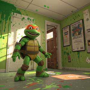 Stop-motion animation of Michelangelo, a Teenage Mutant Ninja Turtle. Brightly lit, green-splattered room with posters and a door-like structure. Vibrant colors, dynamic pose, focus on close-up of character.