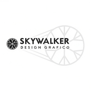 Minimalist logo for Skywalker Design Gráfico. Black sans-serif font 'SKYWALKER' above 'DESIGN GRÁFICO' in smaller size. Left side features a subtle, abstract, geometric shape in black.