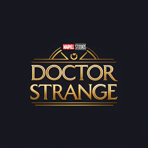 Doctor Strange logo. Featuring Marvel Studios branding. Gold text on a dark background. Modern font design.