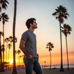 Darren Criss, actor, standing on a beach at sunset. Wearing a casual t-shirt and jeans. Surrounded by palm trees.