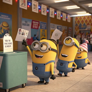 Animated Minions in a busy voting booth scene. Cheerful and energetic atmosphere.