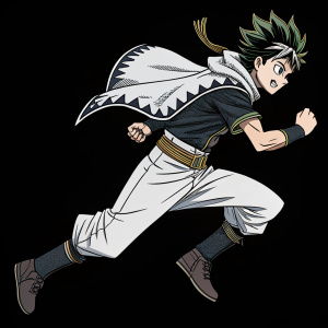 Black Clover manga panel featuring character in mid-action. Dark outlines, with white and grey shading. Background is solid black, highlighting character's dynamic stance.