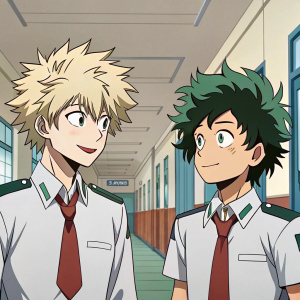 Illustration from My Hero Academia. Character with spiky blonde hair and another with greenish-brown hair. School setting