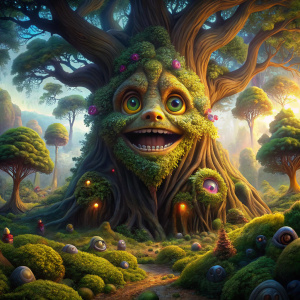 estilo pixar: arbol milenario con cara feliz en mitad del bosque magico  con árboles y criaturas mágicas