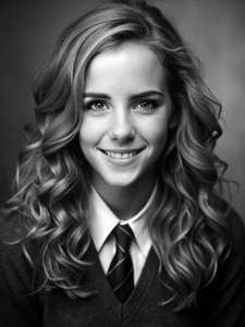 Hermione Granger smilling, old black and white photo, Adams shooting style