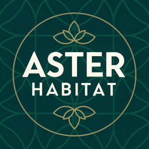 The Aster Habitat logo features 'Aster' in bold sans-serif font and 'Habitat' in sleek, smaller script. Dark green backdrop with intersecting circles and squares, creating a harmonious and welcoming visual effect.