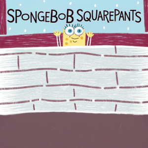 Cartoon illustration featuring Spongebob Squarepants peeking from behind a wooden frame and brick wall. Flat design, bold outlines, limited color palette. Top of image has playful Spanish text.