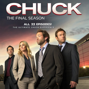 DVD cover featuring Chuck's final season. Characters in suits and ties, standing in a group. Title 'Chuck: The Final Season' prominently displayed. Promotional text: 'All 22 Episodes! The Ultimate Chuck Experience'