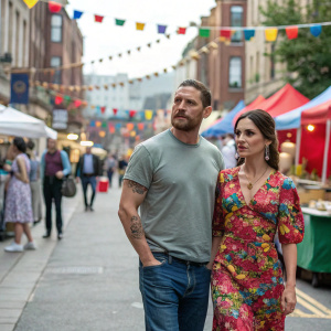 Tom Hardy and Charlotte Riley at a bustling city street festival. Tom Hardy in a casual t-shirt and jeans, Charlotte Riley in a vibrant floral dress.