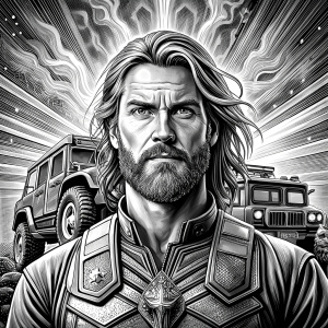 god thor with hummer perfect realistic art, high-definition, high-definition grey and black, white background 