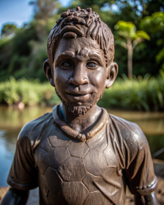una escultura de Leonel Messi, hecha en barro. La hace un niño de África a orillas de un río.