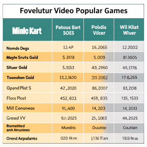 Table showcasing popular video games. Includes Nintendo Dogs, Mario Kart DS, Pokemon Gold/Silver, Wii Fit, Kinect Adventures!, and Grand Theft Auto V. Details on release dates, platforms, and developer info.