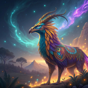 Digital artwork of Exodia, a mythical being in a mystical realm. Brightly colored and intricate details.