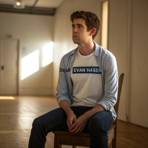 Drew Gehling, wearing a casual shirt with 'Dear Evan Hansen' logo, sits alone in a minimalist room. Warm natural light, blurred background