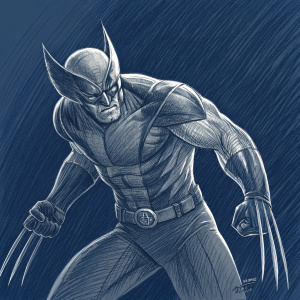Wolverine, a formidable mutant, in a dynamic pose. His sharp claws extended. Pencil sketch on a dark blue background with fine lines and heavy shading.