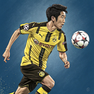 Shinji Kagawa, a midfielder for Borussia Dortmund, mid-stride during a fierce match. Wearing yellow and black jersey, the ball is airborne before his foot. Solid blue background.