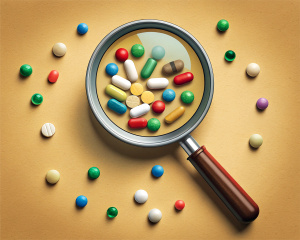 a magnifying glass under which are various pills and vitamins