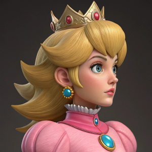 3D digital model of Princess Peach. Detailed, realistic texture. Crowned head with large, spiky hairstyle. Sculpted face.