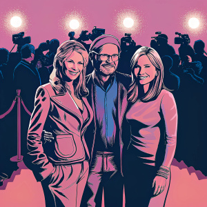 At the bustling Hollywood premiere, Kate Capshaw, Steven Spielberg, and Jessica Capshaw strike a pose under flashing cameras.