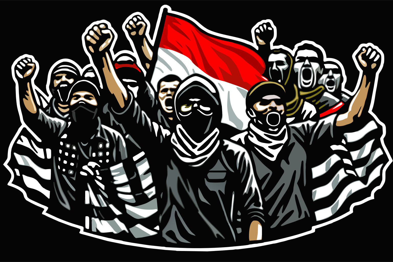 casual ultras, football holigans supporters, In the background is indonesian flag, The overall composition is a skillful combination, linocut, black and white, lineart,  hardlines