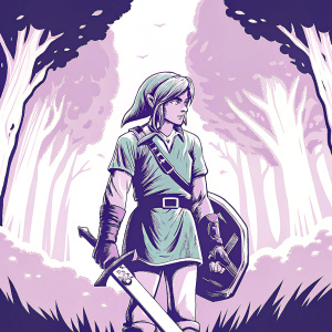 Link from 'The Legend of Zelda: Breath of the Wild' in his iconic green tunic. Forest background. Illustration