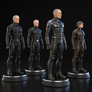 High-resolution image showcasing a collection of Gantz character figurines on a sleek black surface. Figurines are highly detailed with realistic anatomy.