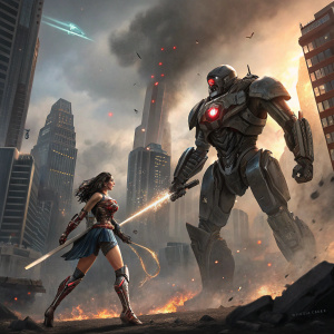 Superheroine Wonder Woman and giant metallic robot fighting in futuristic cityscape. Explosions and debris in background