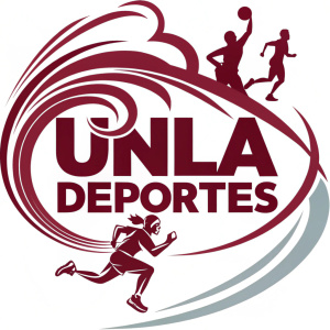 Maroon, bold, and dynamic UNLA DEPORTES logo featuring swirling, abstract shapes symbolizing athletic movement. Digital design