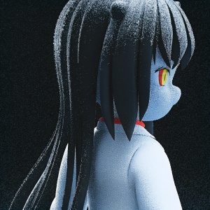 3D rendering of an anime character. Back and side view. Long dark hair with hints of red, sharp facial features. Dark background. Emphasis on shading and texture