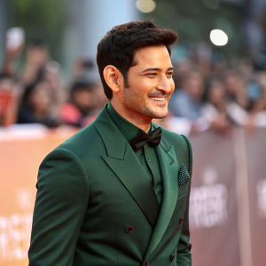 Mahesh Babu, Indian actor, with a charming smile, dressed in a green formal suit. The backdrop is a blurred crowd at a movie premiere.